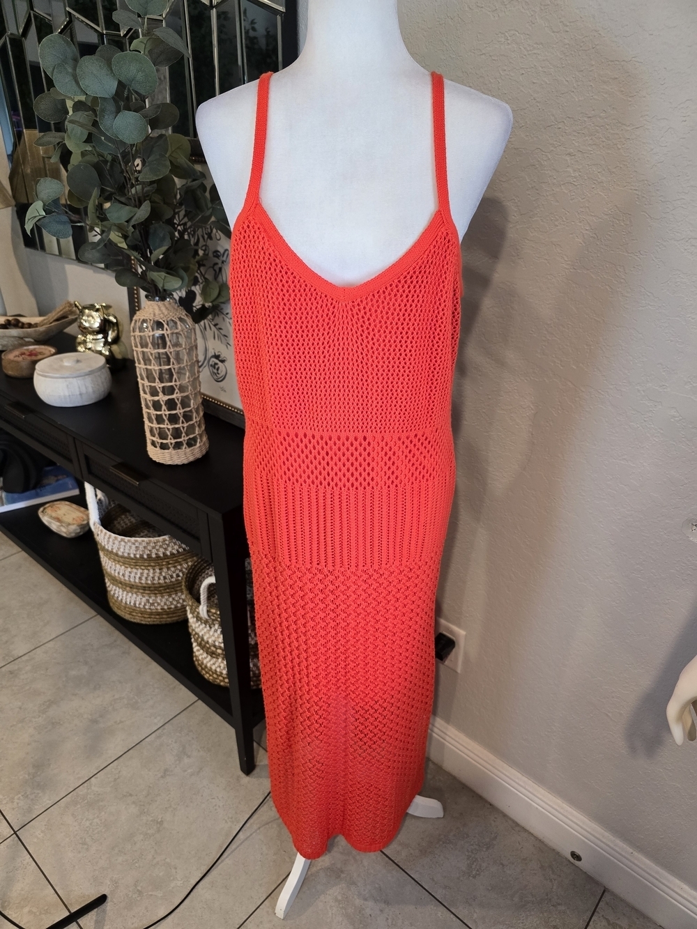 Madison + Hudson Women's Crochet Summer Spaghetti Straps Coral Red Dress XL